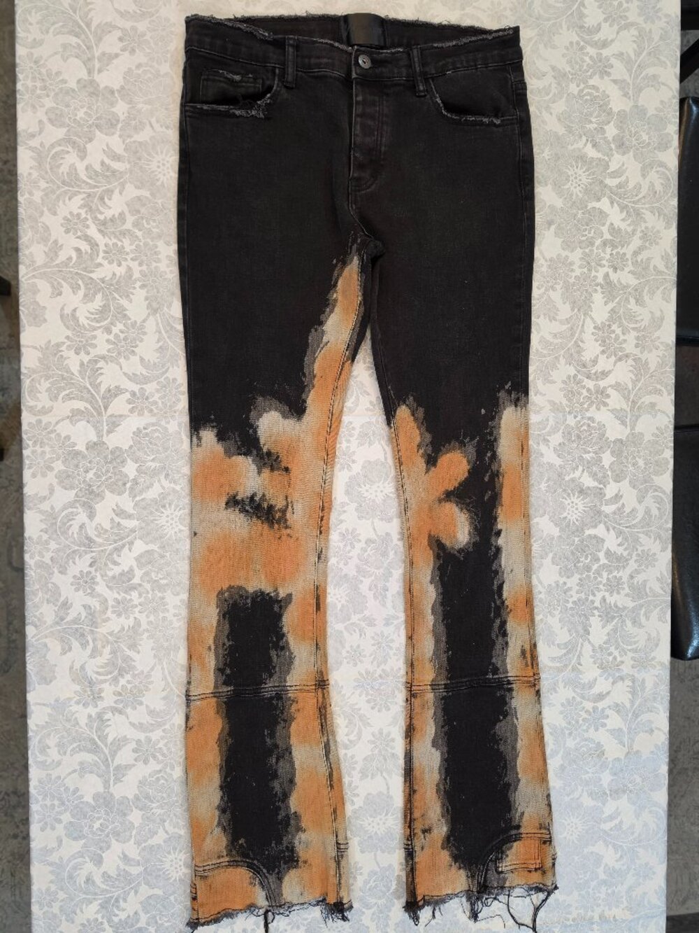 🔥 Valabasas Black & Tan Abstract Bleach Dye Stacked Flare Jeans Sie 34🔥